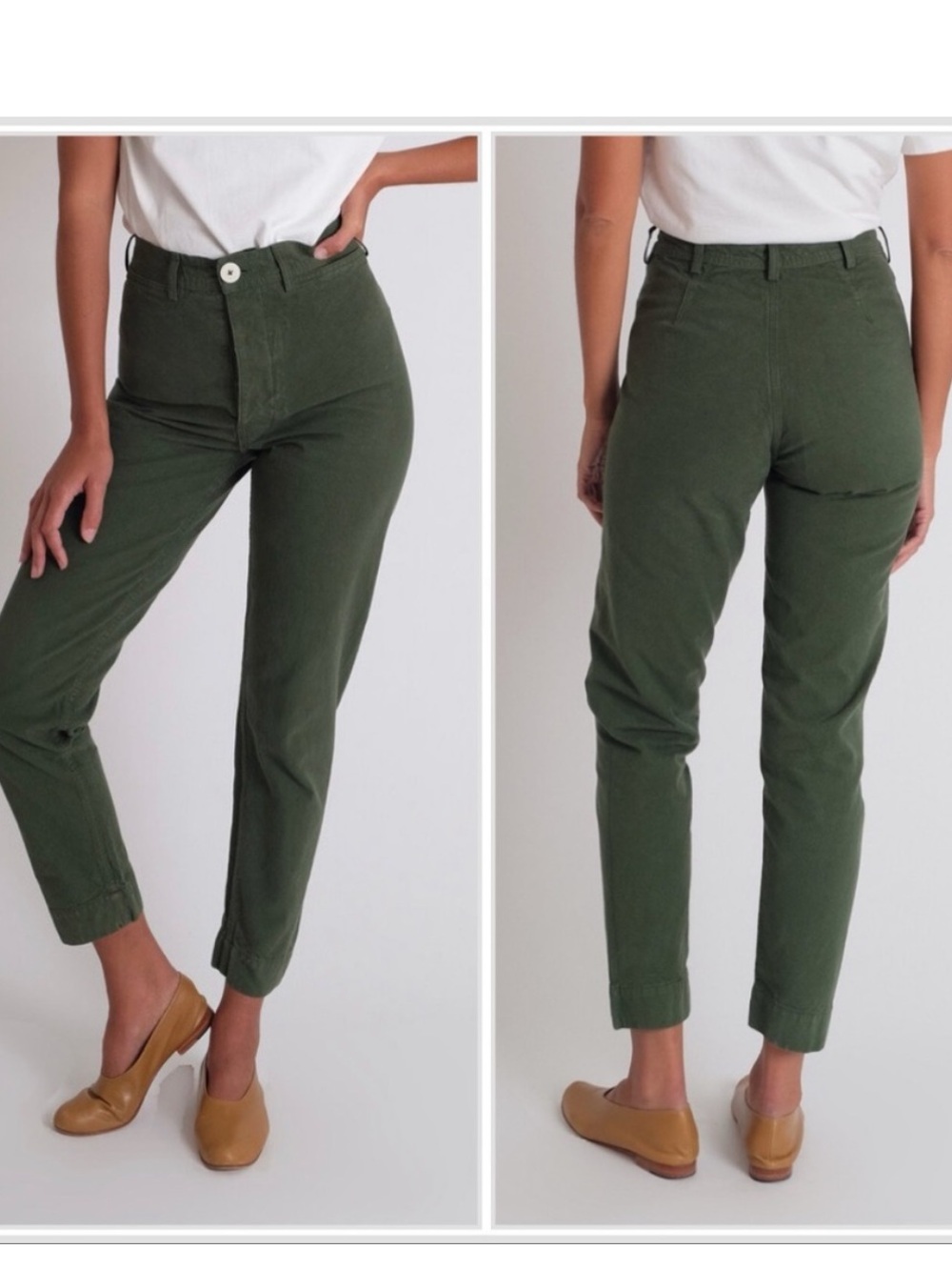Jesse Kamm Olive Green OrganicCotton High Rise Straight LegQuiet Luxury Workwear